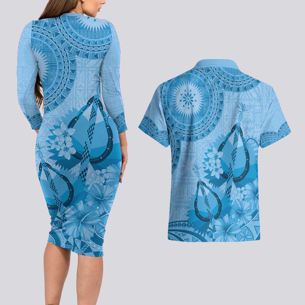Blue Bula Fiji Couples Matching Long Sleeve Bodycon Dress and Hawaiian Shirt Fijian Dance Fan Tapa Cloth Pattern LT14 - Polynesian Pride