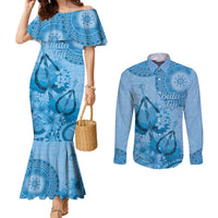 Blue Bula Fiji Couples Matching Mermaid Dress and Long Sleeve Button Shirt Fijian Dance Fan Tapa Cloth Pattern