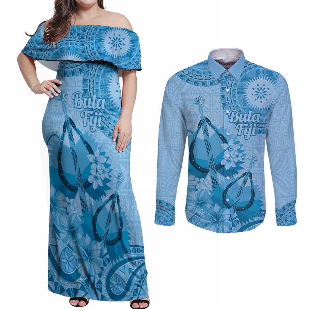 Blue Bula Fiji Couples Matching Off Shoulder Maxi Dress and Long Sleeve Button Shirt Fijian Dance Fan Tapa Cloth Pattern