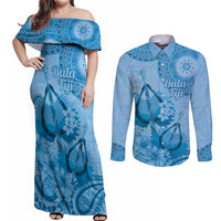 Blue Bula Fiji Couples Matching Off Shoulder Maxi Dress and Long Sleeve Button Shirt Fijian Dance Fan Tapa Cloth Pattern