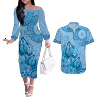 Blue Bula Fiji Couples Matching Off The Shoulder Long Sleeve Dress and Hawaiian Shirt Fijian Dance Fan Tapa Cloth Pattern LT14 Blue - Polynesian Pride