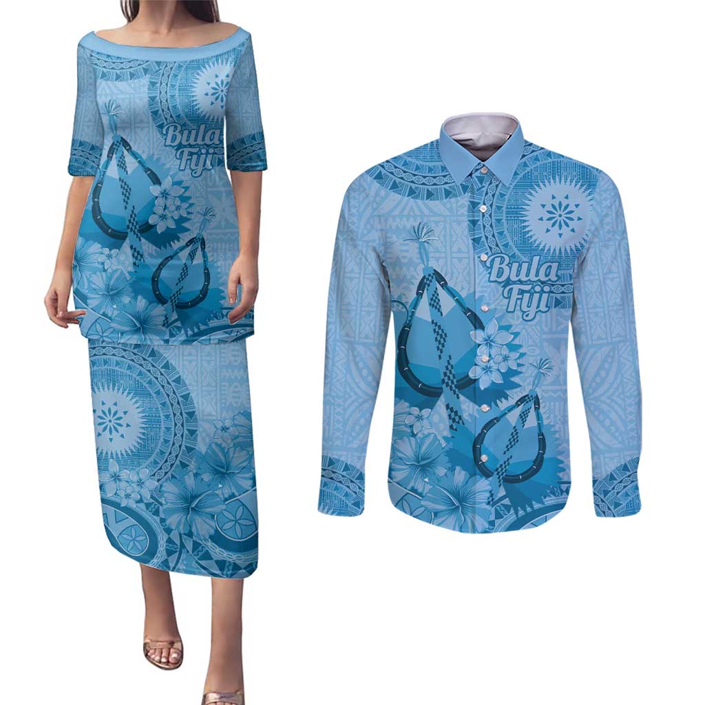 Blue Bula Fiji Couples Matching Puletasi and Long Sleeve Button Shirt Fijian Dance Fan Tapa Cloth Pattern
