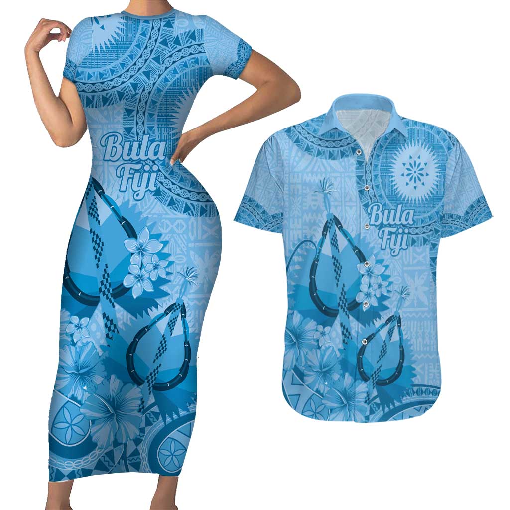 Blue Bula Fiji Couples Matching Short Sleeve Bodycon Dress and Hawaiian Shirt Fijian Dance Fan Tapa Cloth Pattern