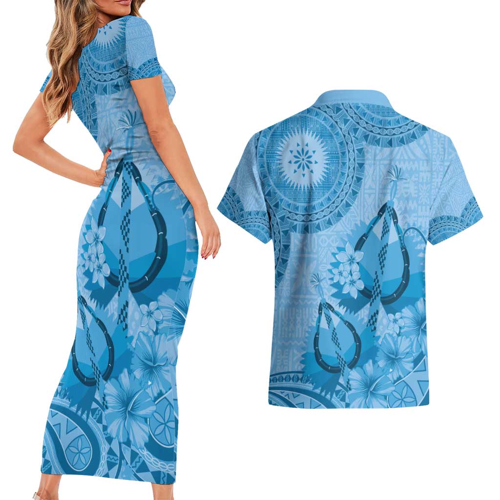 Blue Bula Fiji Couples Matching Short Sleeve Bodycon Dress and Hawaiian Shirt Fijian Dance Fan Tapa Cloth Pattern LT14 - Polynesian Pride