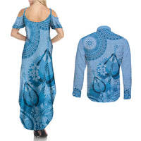 Blue Bula Fiji Couples Matching Summer Maxi Dress and Long Sleeve Button Shirt Fijian Dance Fan Tapa Cloth Pattern