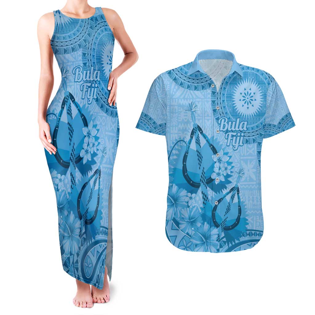 Blue Bula Fiji Couples Matching Tank Maxi Dress and Hawaiian Shirt Fijian Dance Fan Tapa Cloth Pattern