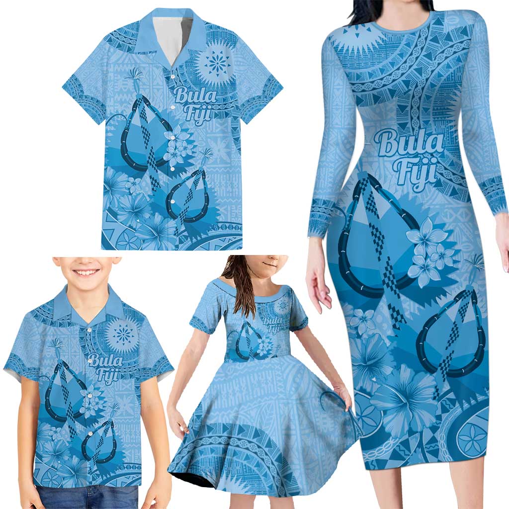 Blue Bula Fiji Family Matching Long Sleeve Bodycon Dress and Hawaiian Shirt Fijian Dance Fan Tapa Cloth Pattern LT14 - Polynesian Pride