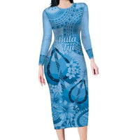 Blue Bula Fiji Family Matching Long Sleeve Bodycon Dress and Hawaiian Shirt Fijian Dance Fan Tapa Cloth Pattern LT14 Mom's Dress Blue - Polynesian Pride