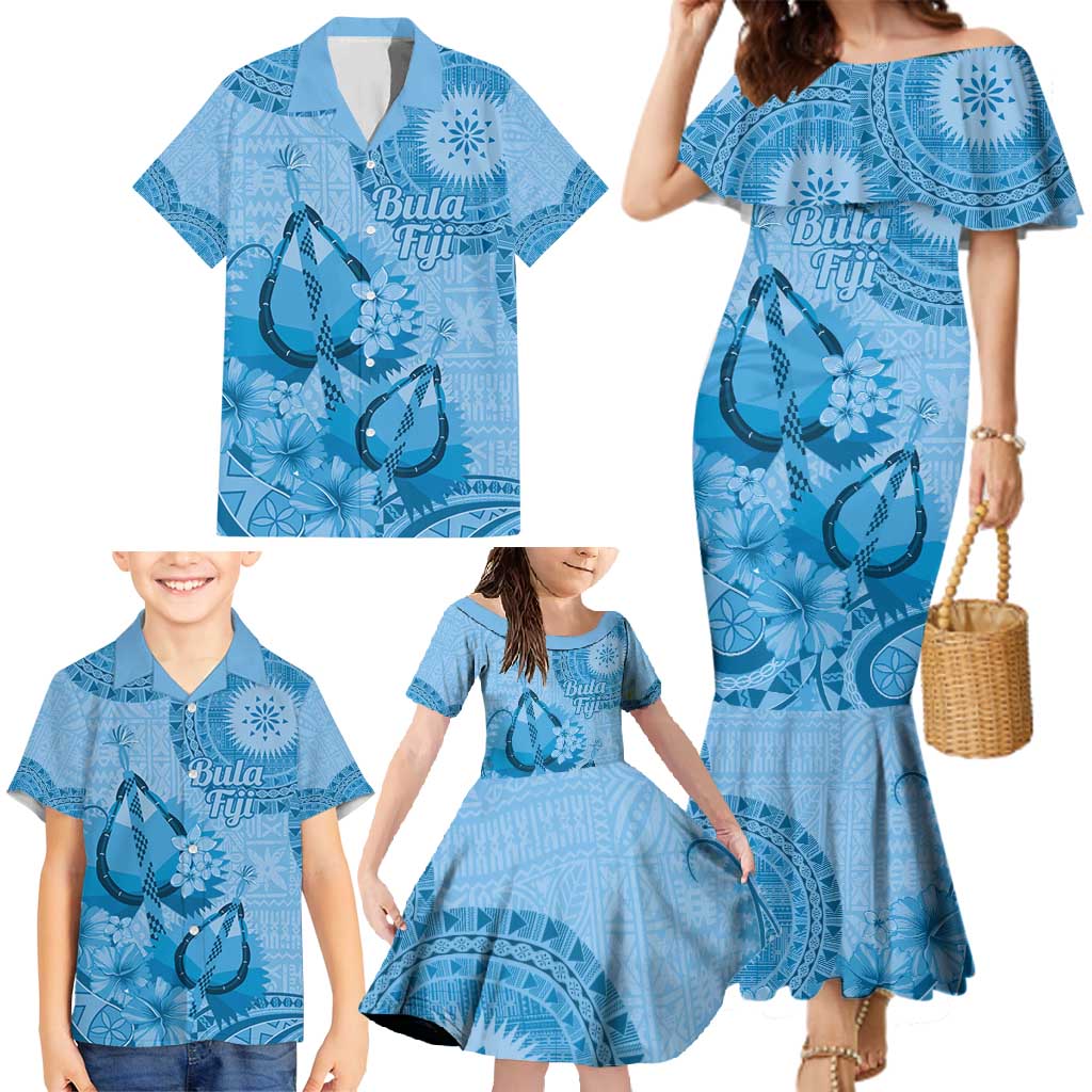 Blue Bula Fiji Family Matching Mermaid Dress and Hawaiian Shirt Fijian Dance Fan Tapa Cloth Pattern LT14 - Polynesian Pride
