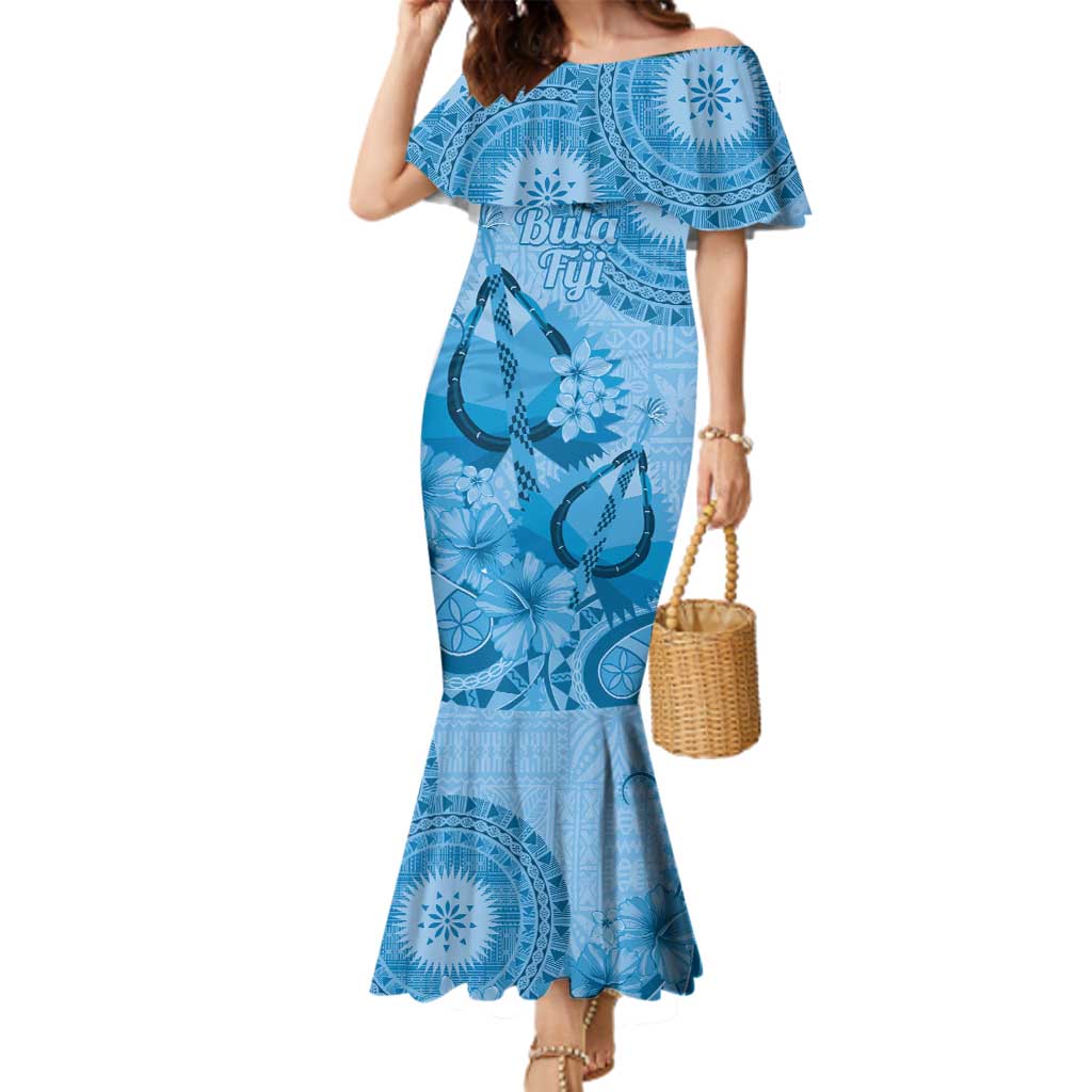 Blue Bula Fiji Family Matching Mermaid Dress and Hawaiian Shirt Fijian Dance Fan Tapa Cloth Pattern LT14 Mom's Dress Blue - Polynesian Pride