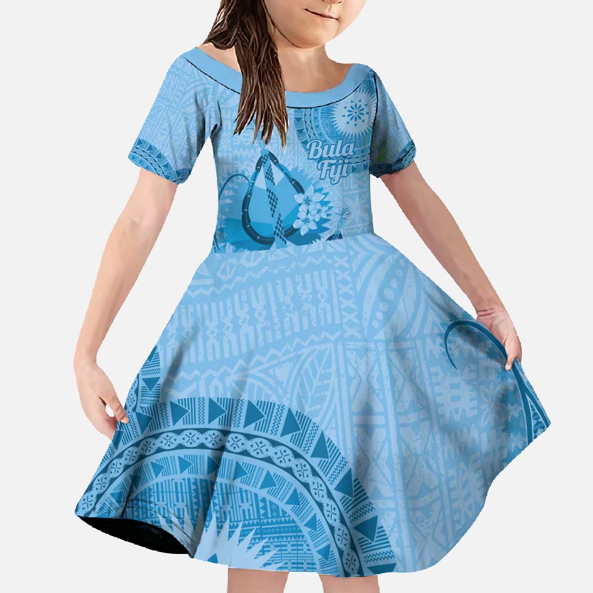 Blue Bula Fiji Family Matching Off The Shoulder Long Sleeve Dress and Hawaiian Shirt Fijian Dance Fan Tapa Cloth Pattern LT14 Daughter's Dress Blue - Polynesian Pride