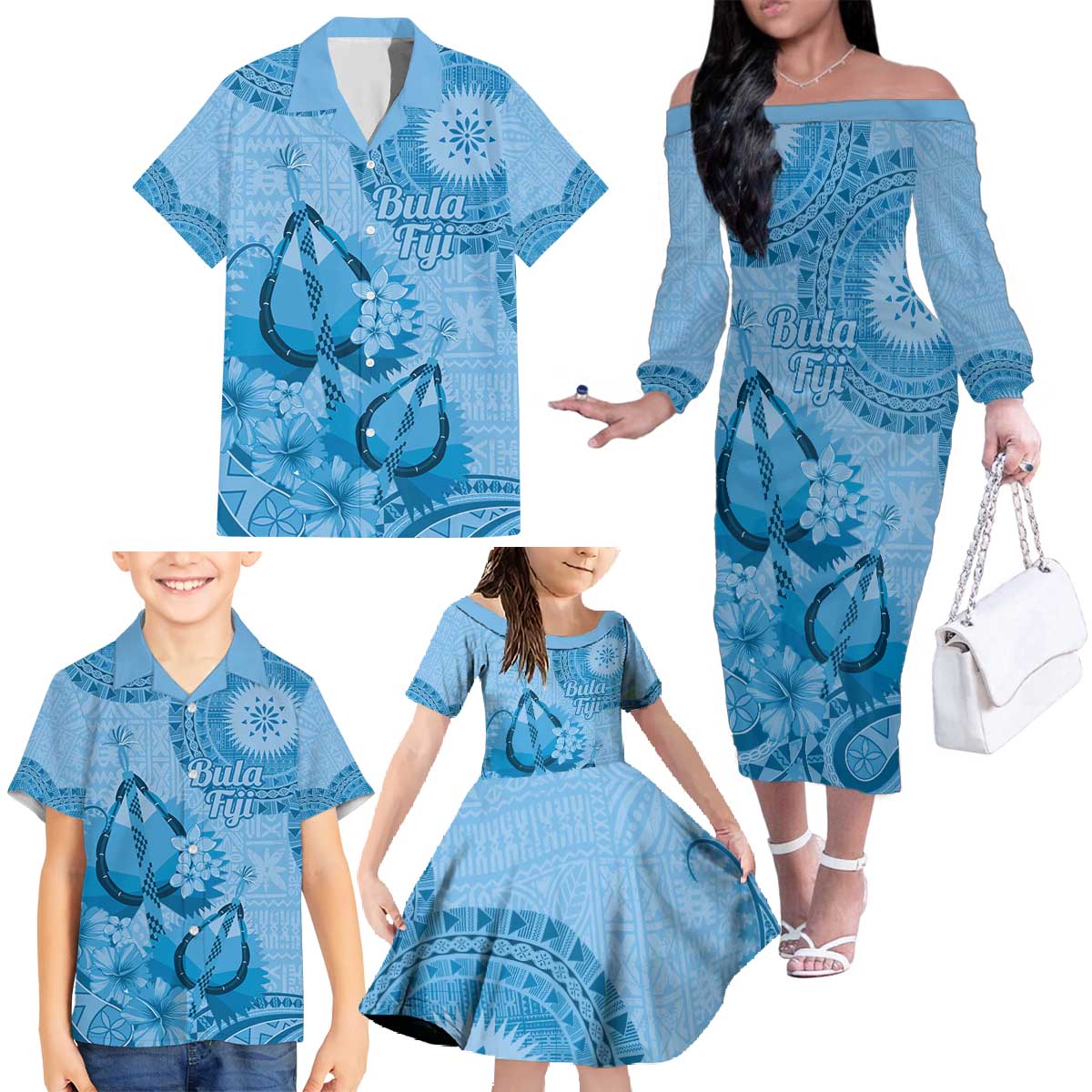 Blue Bula Fiji Family Matching Off The Shoulder Long Sleeve Dress and Hawaiian Shirt Fijian Dance Fan Tapa Cloth Pattern