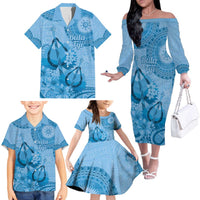 Blue Bula Fiji Family Matching Off The Shoulder Long Sleeve Dress and Hawaiian Shirt Fijian Dance Fan Tapa Cloth Pattern LT14 - Polynesian Pride