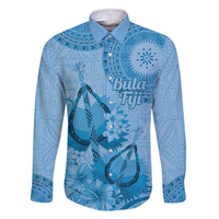 Blue Bula Fiji Family Matching Off The Shoulder Long Sleeve Dress and Hawaiian Shirt Fijian Dance Fan Tapa Cloth Pattern LT14 Dad's Shirt - Long Sleeve Blue - Polynesian Pride