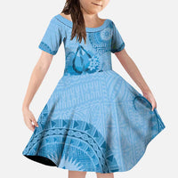 Blue Bula Fiji Family Matching Off Shoulder Maxi Dress and Hawaiian Shirt Fijian Dance Fan Tapa Cloth Pattern LT14 Daughter's Dress Blue - Polynesian Pride