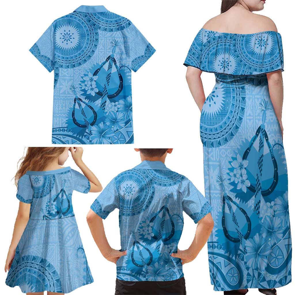 Blue Bula Fiji Family Matching Off Shoulder Maxi Dress and Hawaiian Shirt Fijian Dance Fan Tapa Cloth Pattern LT14 - Polynesian Pride