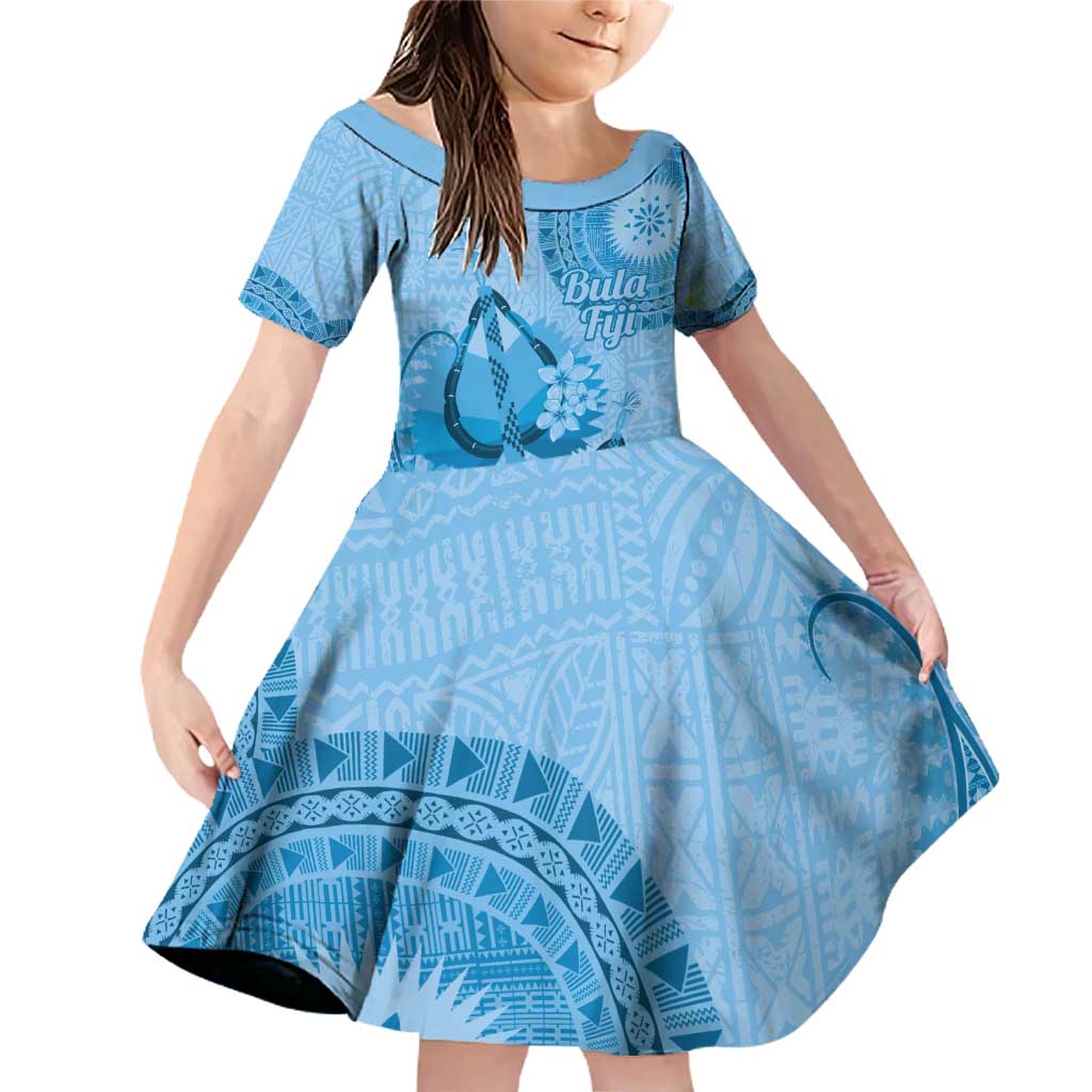 Blue Bula Fiji Family Matching Off Shoulder Short Dress and Hawaiian Shirt Fijian Dance Fan Tapa Cloth Pattern LT14 Daughter's Dress Blue - Polynesian Pride