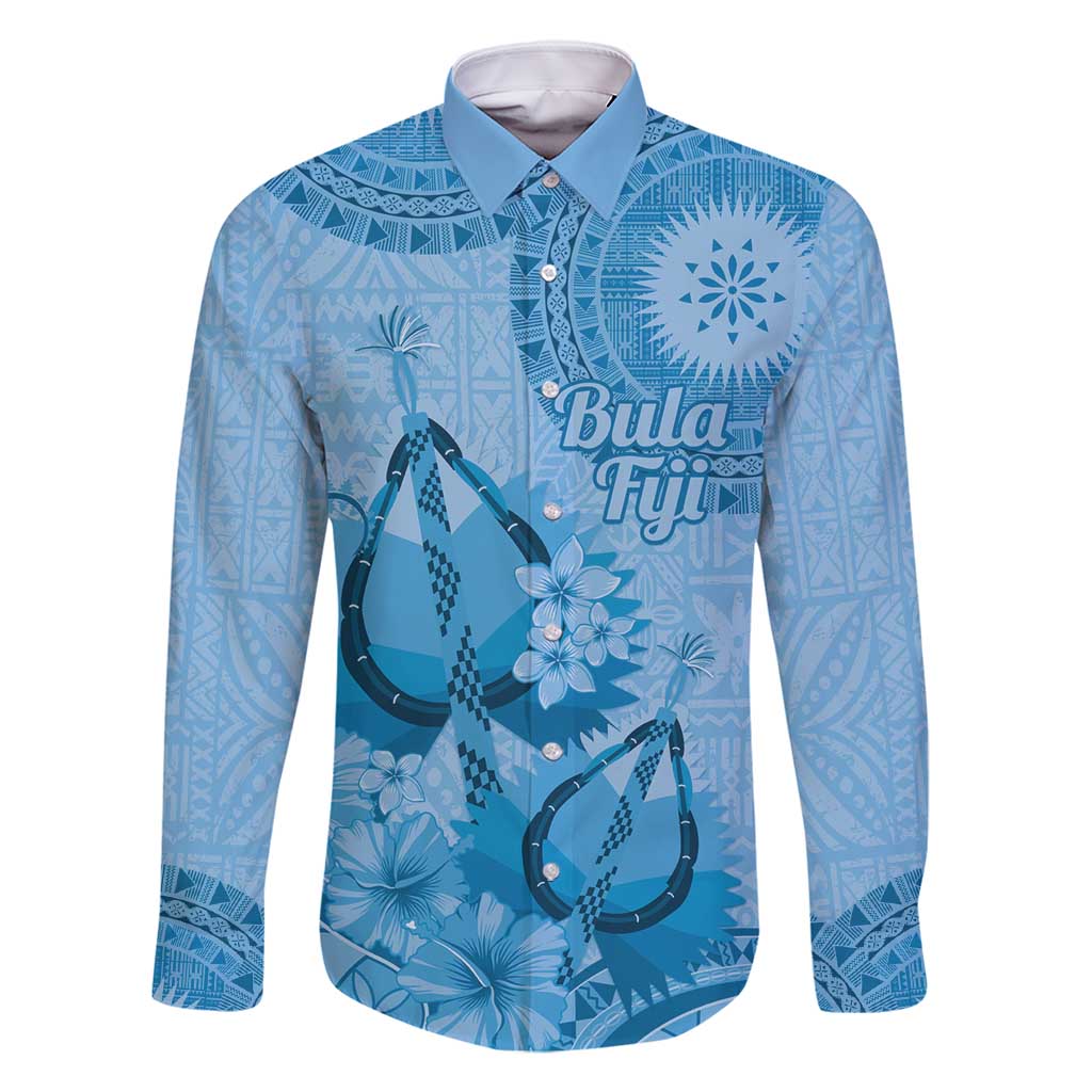 Blue Bula Fiji Family Matching Off Shoulder Short Dress and Hawaiian Shirt Fijian Dance Fan Tapa Cloth Pattern LT14 Dad's Shirt - Long Sleeve Blue - Polynesian Pride