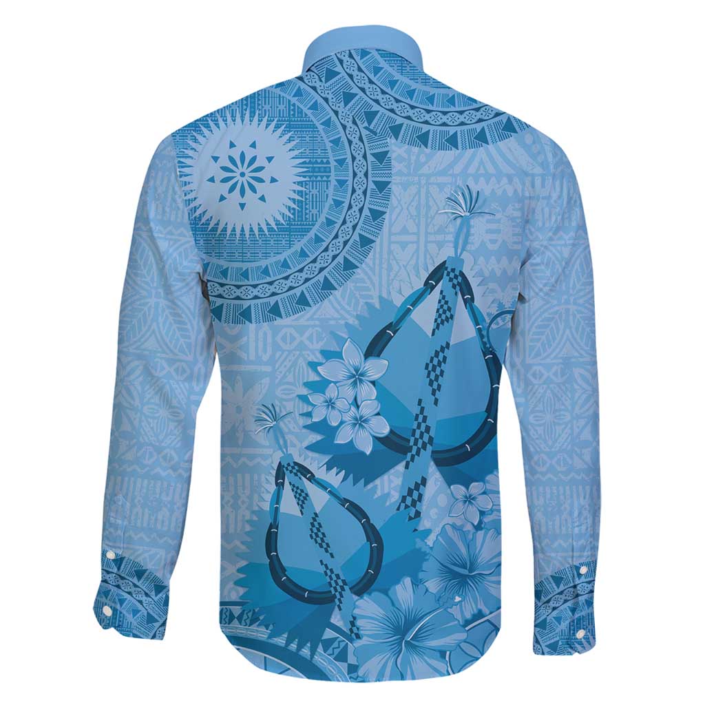 Blue Bula Fiji Family Matching Off Shoulder Short Dress and Hawaiian Shirt Fijian Dance Fan Tapa Cloth Pattern LT14 - Polynesian Pride