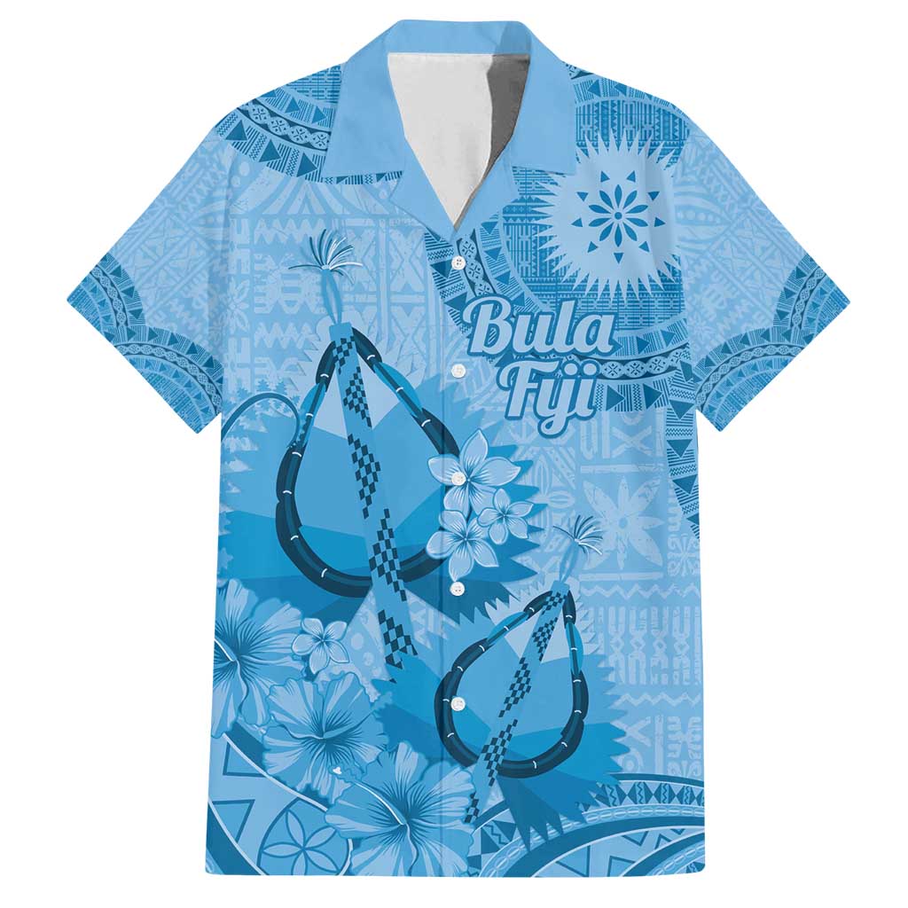 Blue Bula Fiji Family Matching Puletasi and Hawaiian Shirt Fijian Dance Fan Tapa Cloth Pattern
