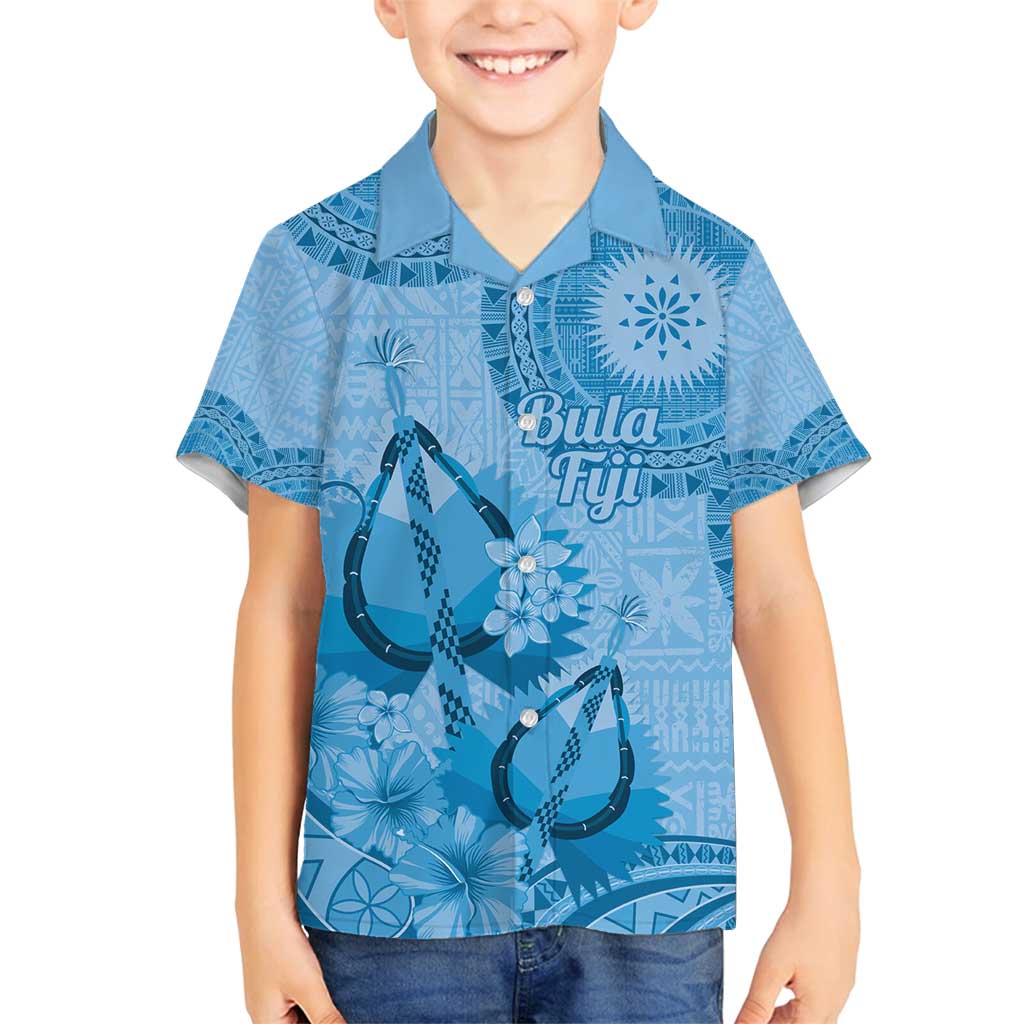 Blue Bula Fiji Family Matching Puletasi and Hawaiian Shirt Fijian Dance Fan Tapa Cloth Pattern