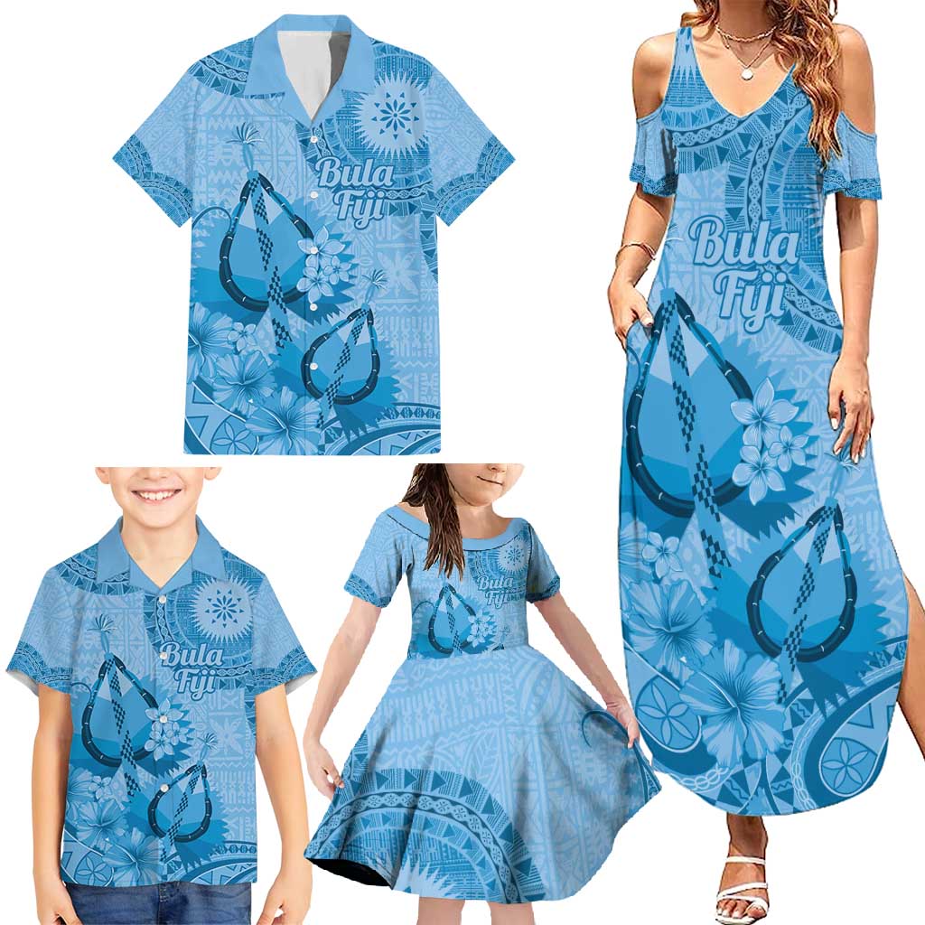 Blue Bula Fiji Family Matching Summer Maxi Dress and Hawaiian Shirt Fijian Dance Fan Tapa Cloth Pattern LT14 - Polynesian Pride