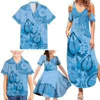 Blue Bula Fiji Family Matching Summer Maxi Dress and Hawaiian Shirt Fijian Dance Fan Tapa Cloth Pattern LT14 - Polynesian Pride