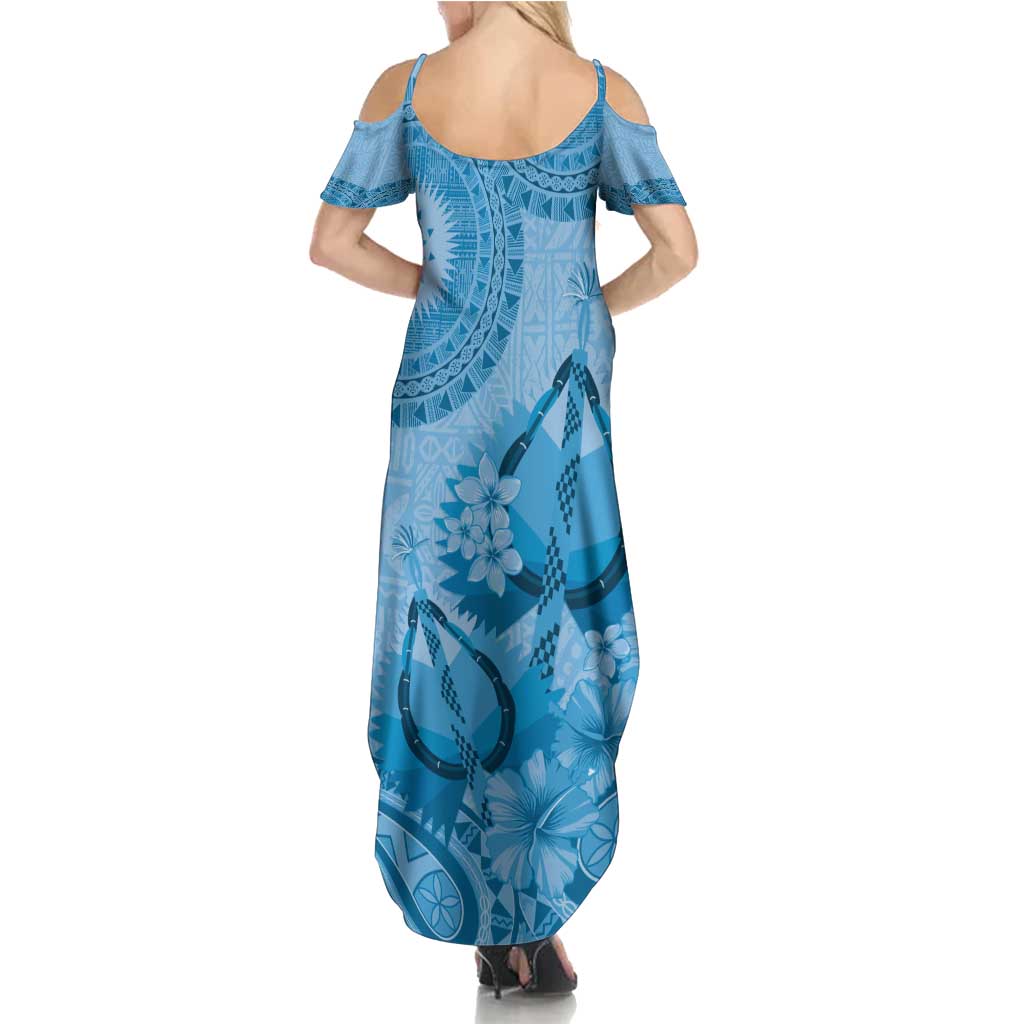 Blue Bula Fiji Family Matching Summer Maxi Dress and Hawaiian Shirt Fijian Dance Fan Tapa Cloth Pattern LT14 - Polynesian Pride
