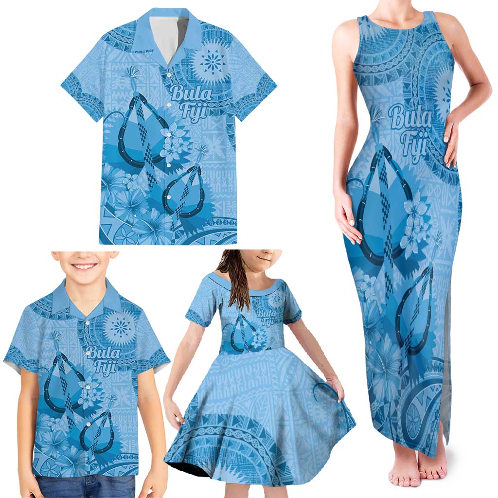 Blue Bula Fiji Family Matching Tank Maxi Dress and Hawaiian Shirt Fijian Dance Fan Tapa Cloth Pattern LT14 - Polynesian Pride