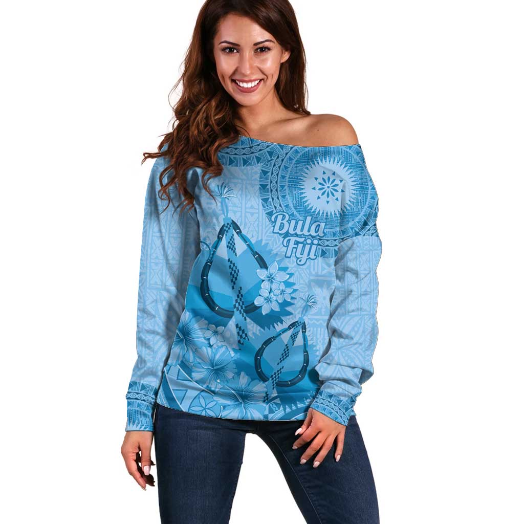 Blue Bula Fiji Off Shoulder Sweater Fijian Dance Fan Tapa Cloth Pattern