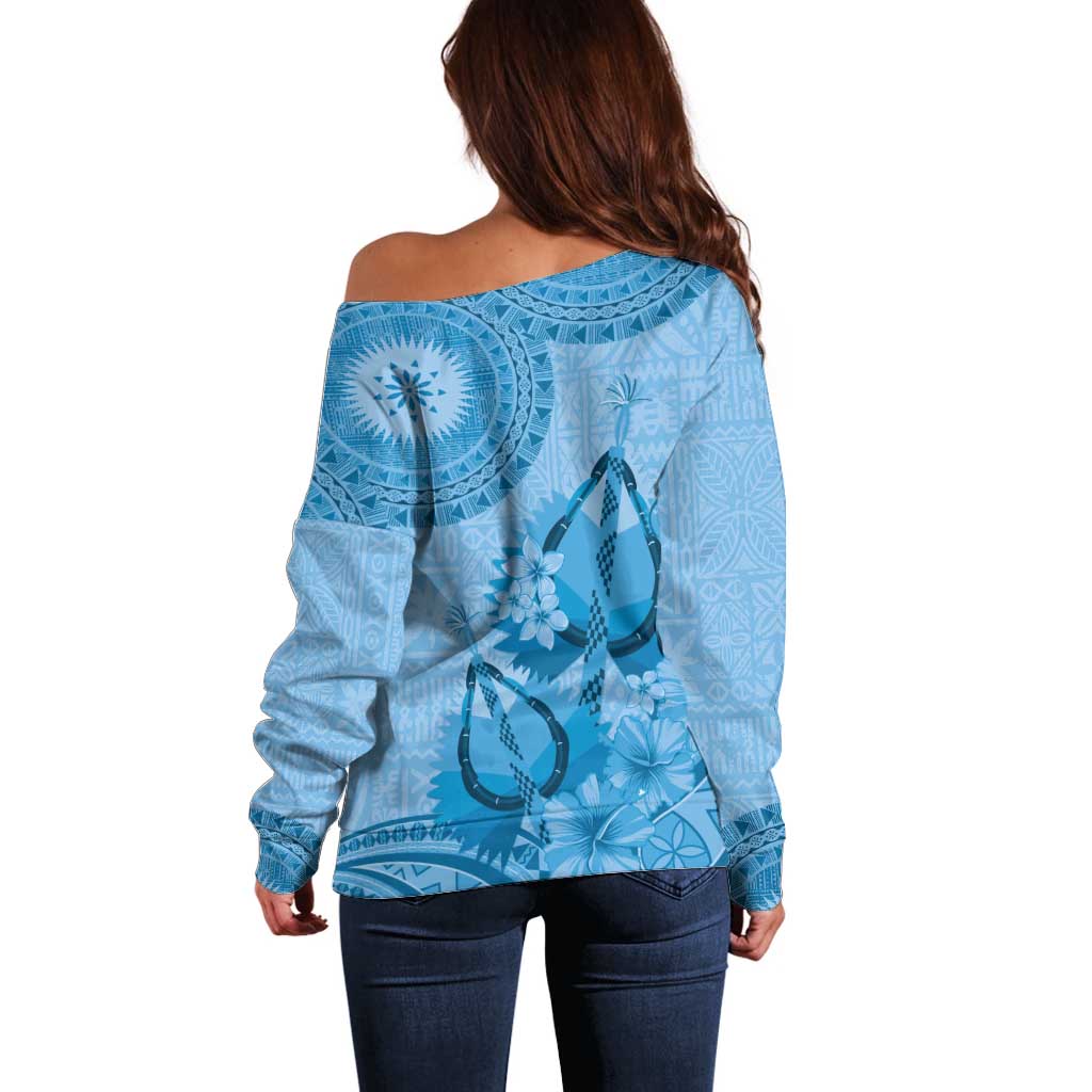 Blue Bula Fiji Off Shoulder Sweater Fijian Dance Fan Tapa Cloth Pattern
