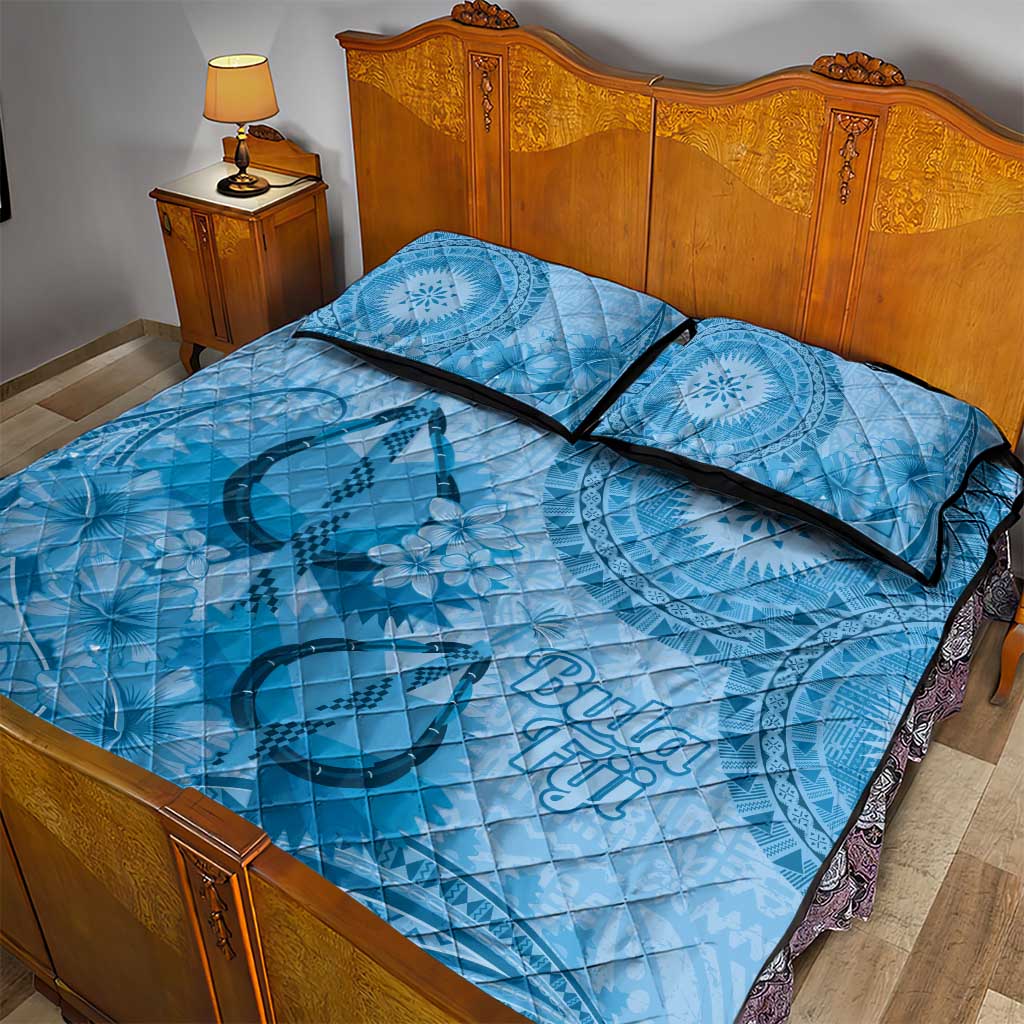 Blue Bula Fiji Quilt Bed Set Fijian Dance Fan Tapa Cloth Pattern