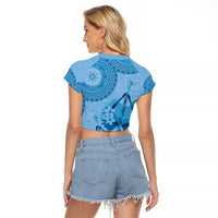 Blue Bula Fiji Raglan Cropped T Shirt Fijian Dance Fan Tapa Cloth Pattern