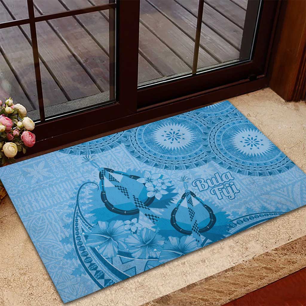 Blue Bula Fiji Rubber Doormat Fijian Dance Fan Tapa Cloth Pattern
