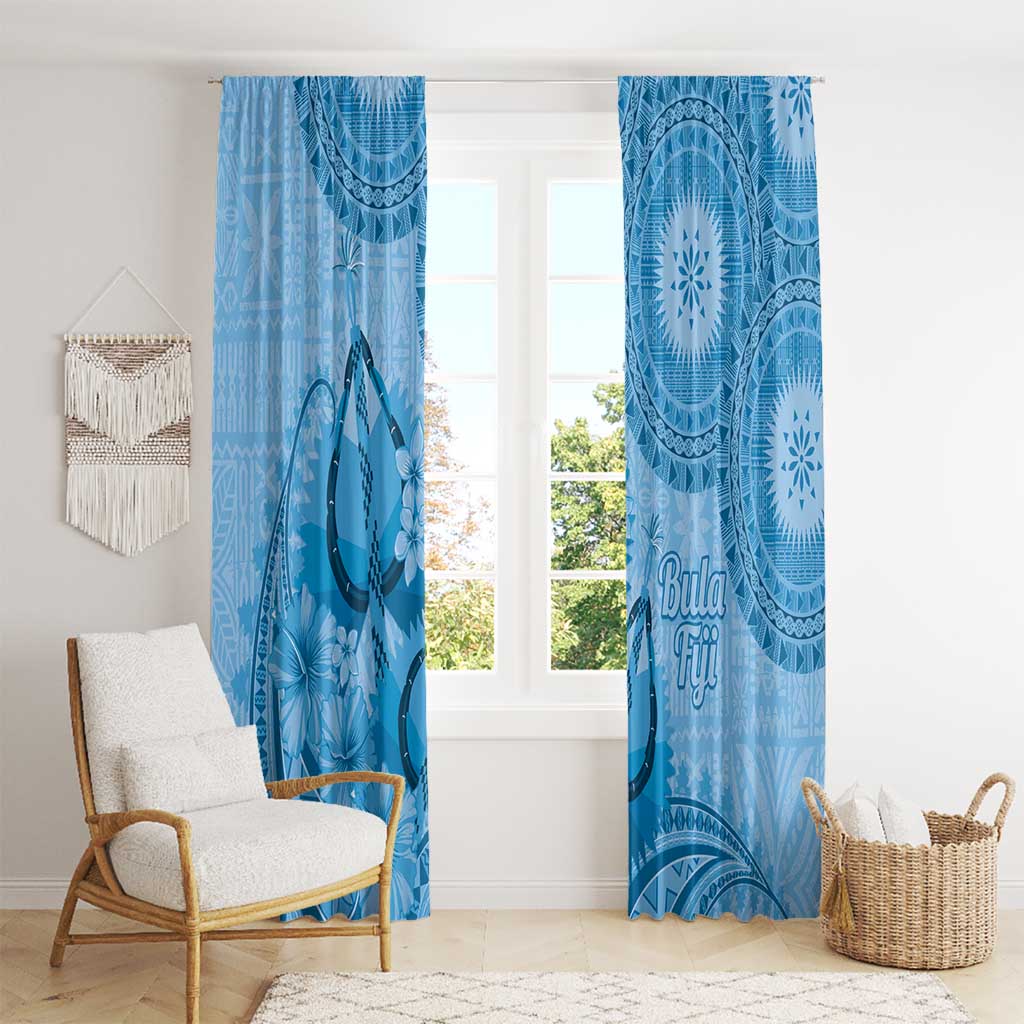 Blue Bula Fiji Window Curtain Fijian Dance Fan Tapa Cloth Pattern