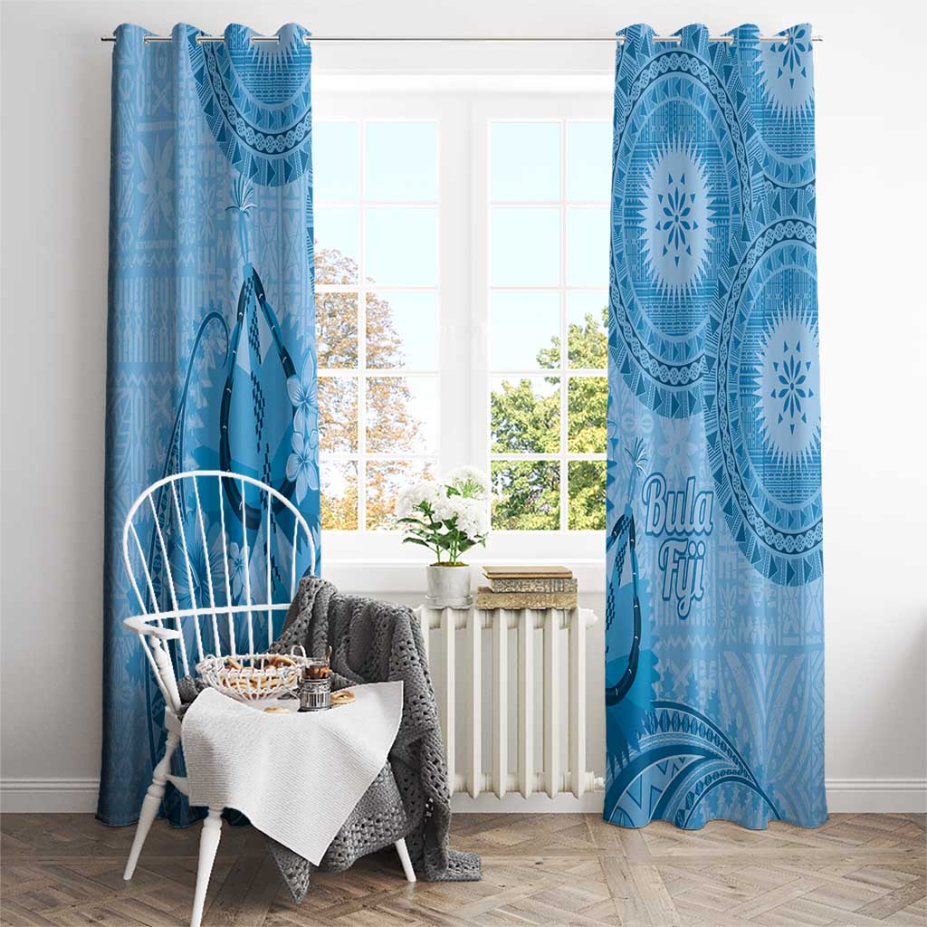 Blue Bula Fiji Window Curtain Fijian Dance Fan Tapa Cloth Pattern