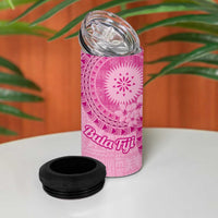 Pink Bula Fiji 4 in 1 Can Cooler Tumbler Fijian Dance Fan Tapa Cloth Pattern
