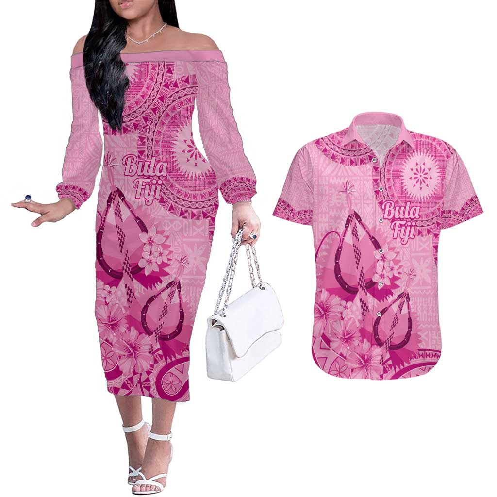 Pink Bula Fiji Couples Matching Off The Shoulder Long Sleeve Dress and Hawaiian Shirt Fijian Dance Fan Tapa Cloth Pattern LT14 Pink - Polynesian Pride