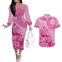Pink Bula Fiji Couples Matching Off The Shoulder Long Sleeve Dress and Hawaiian Shirt Fijian Dance Fan Tapa Cloth Pattern LT14 Pink - Polynesian Pride