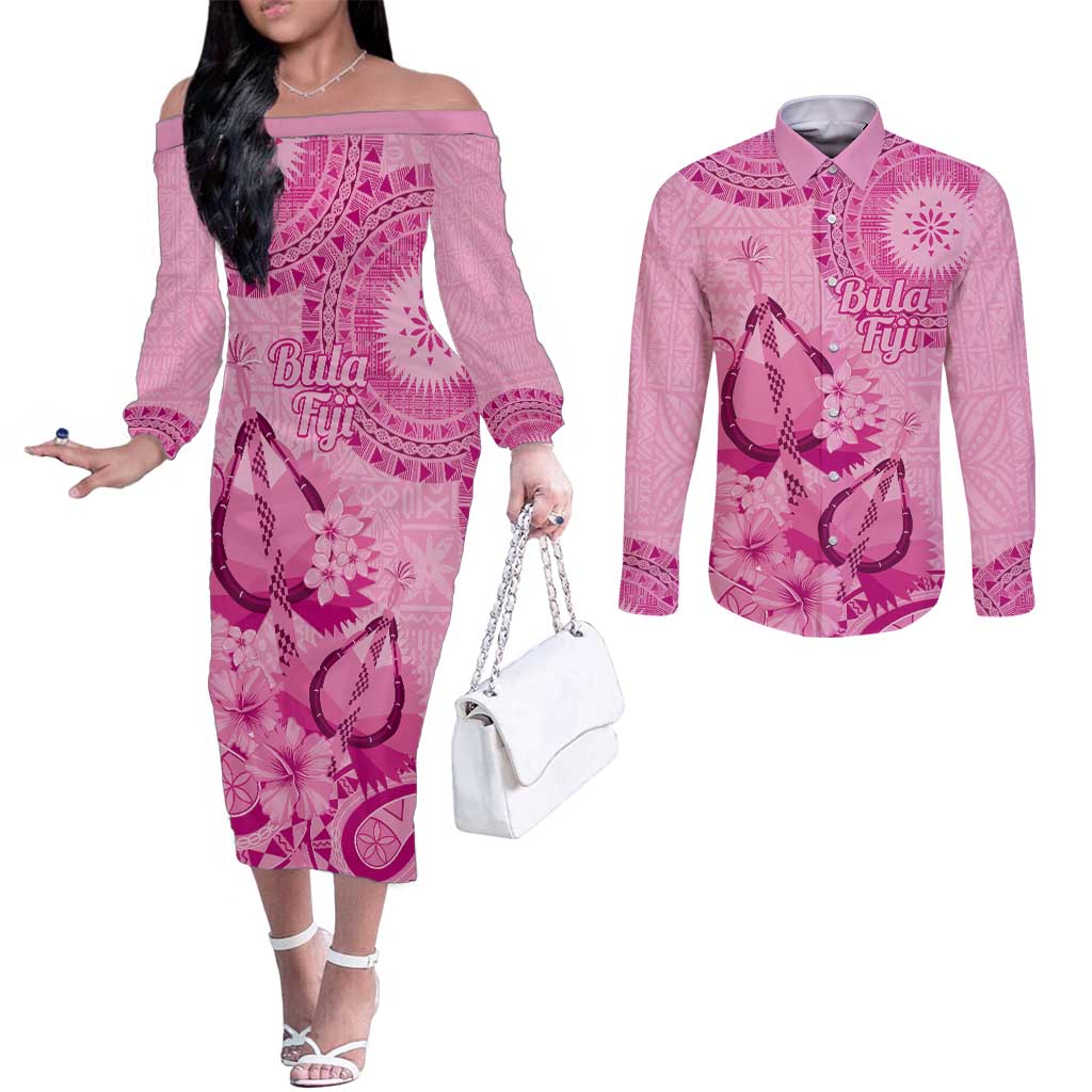 Pink Bula Fiji Couples Matching Off The Shoulder Long Sleeve Dress and Long Sleeve Button Shirt Fijian Dance Fan Tapa Cloth Pattern LT14 Pink - Polynesian Pride