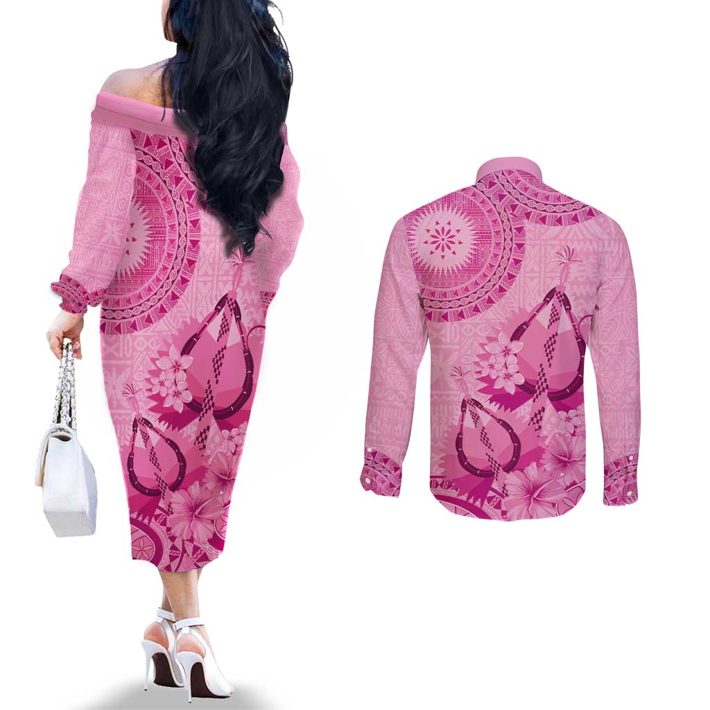 Pink Bula Fiji Couples Matching Off The Shoulder Long Sleeve Dress and Long Sleeve Button Shirt Fijian Dance Fan Tapa Cloth Pattern LT14 - Polynesian Pride