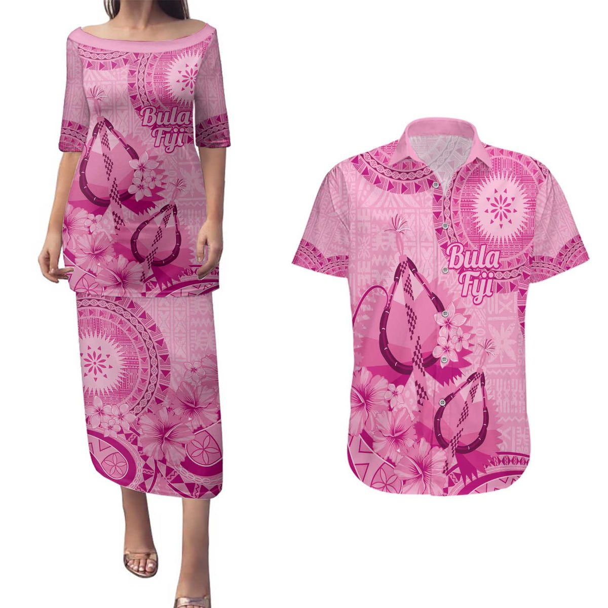 Pink Bula Fiji Couples Matching Puletasi and Hawaiian Shirt Fijian Dance Fan Tapa Cloth Pattern