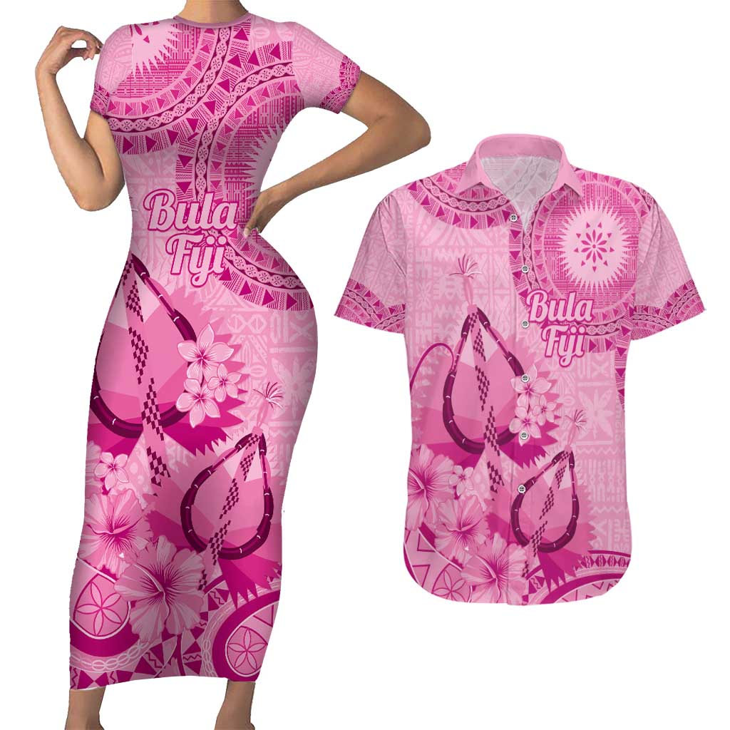 Pink Bula Fiji Couples Matching Short Sleeve Bodycon Dress and Hawaiian Shirt Fijian Dance Fan Tapa Cloth Pattern LT14 Pink - Polynesian Pride