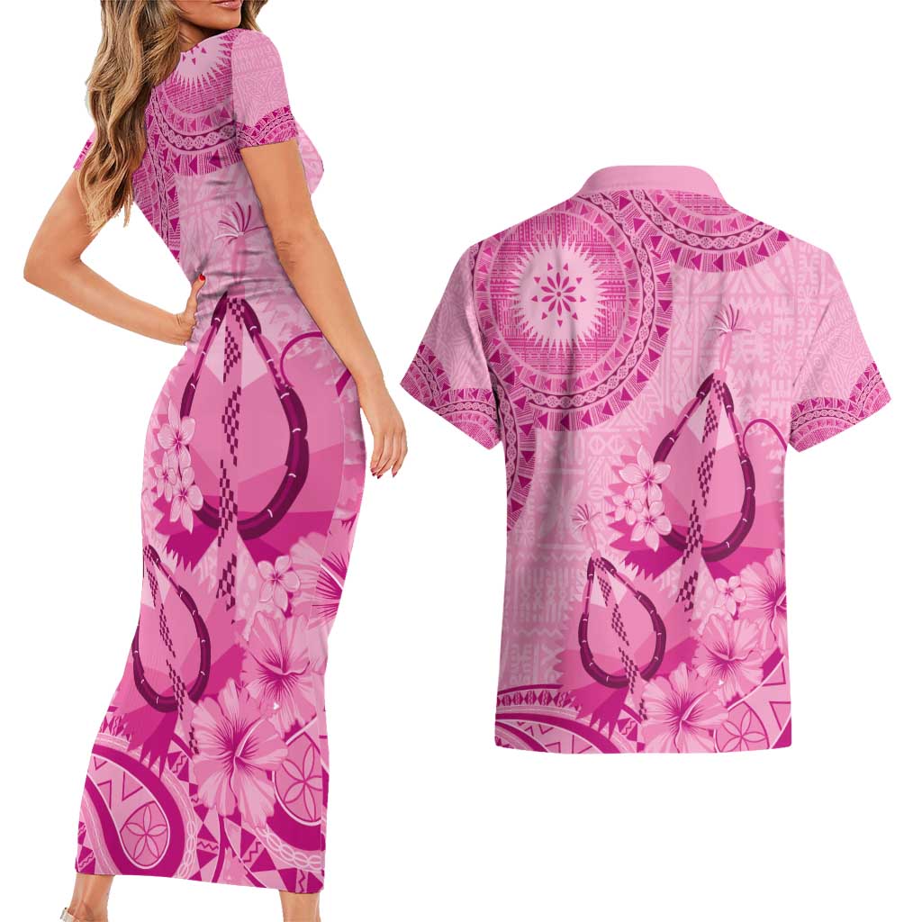 Pink Bula Fiji Couples Matching Short Sleeve Bodycon Dress and Hawaiian Shirt Fijian Dance Fan Tapa Cloth Pattern LT14 - Polynesian Pride