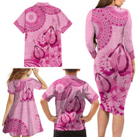 Pink Bula Fiji Family Matching Long Sleeve Bodycon Dress and Hawaiian Shirt Fijian Dance Fan Tapa Cloth Pattern LT14 - Polynesian Pride