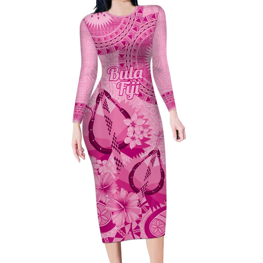 Pink Bula Fiji Family Matching Long Sleeve Bodycon Dress and Hawaiian Shirt Fijian Dance Fan Tapa Cloth Pattern LT14 Mom's Dress Pink - Polynesian Pride