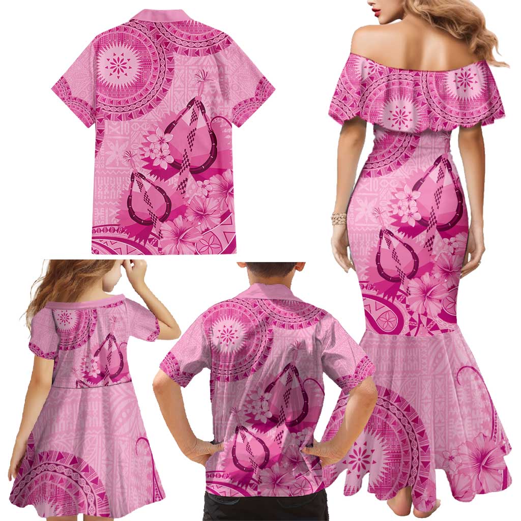 Pink Bula Fiji Family Matching Mermaid Dress and Hawaiian Shirt Fijian Dance Fan Tapa Cloth Pattern LT14 - Polynesian Pride