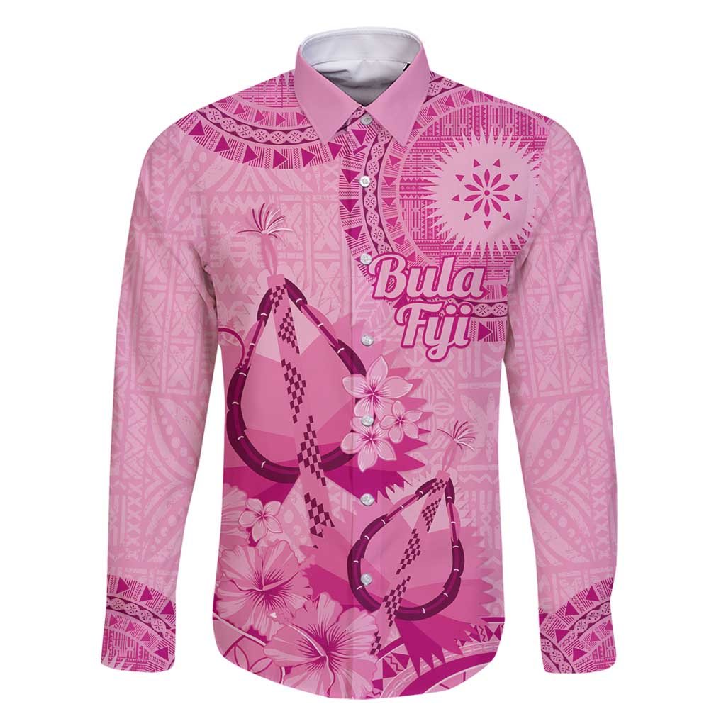 Pink Bula Fiji Family Matching Mermaid Dress and Hawaiian Shirt Fijian Dance Fan Tapa Cloth Pattern LT14 Dad's Shirt - Long Sleeve Pink - Polynesian Pride