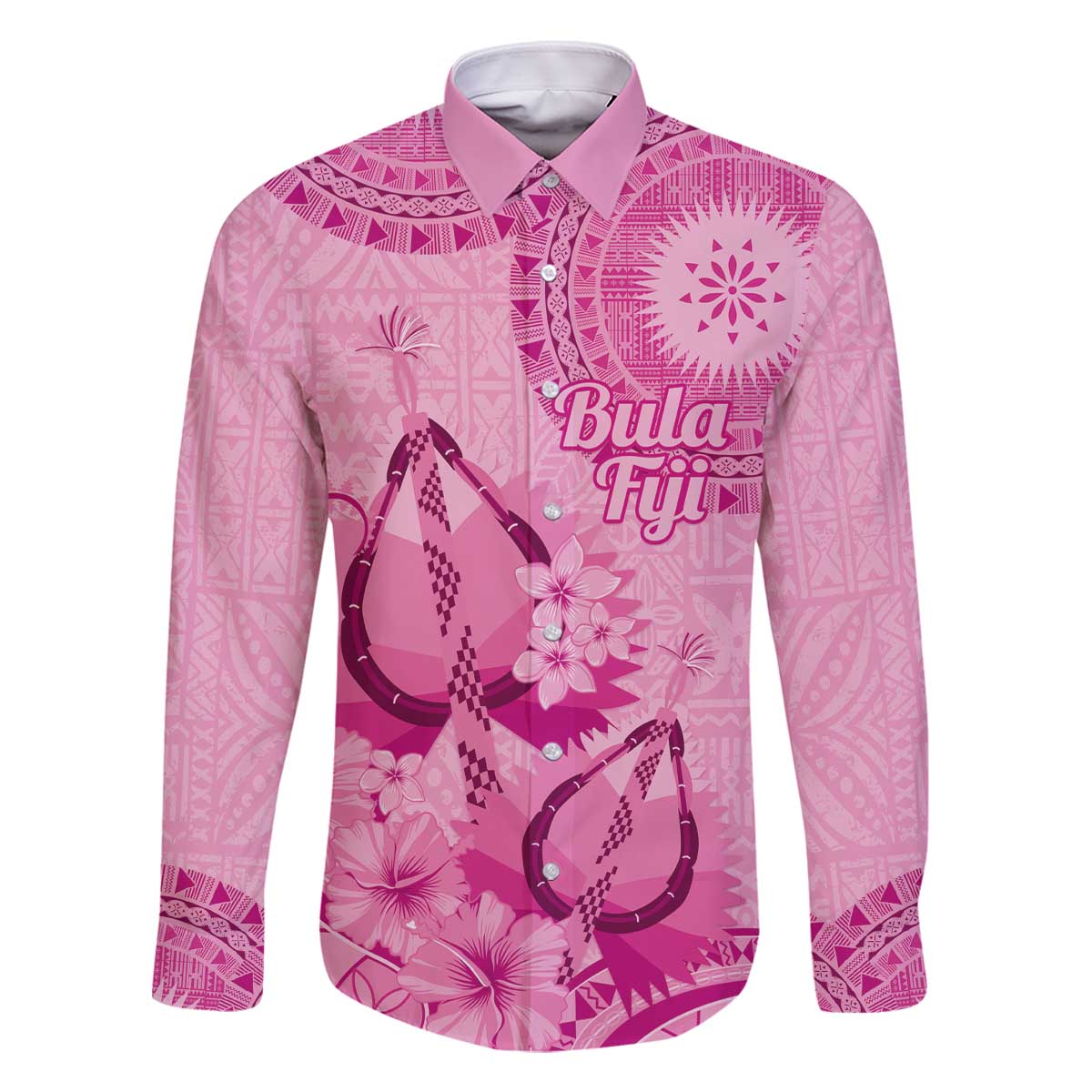 Pink Bula Fiji Family Matching Off The Shoulder Long Sleeve Dress and Hawaiian Shirt Fijian Dance Fan Tapa Cloth Pattern LT14 Dad's Shirt - Long Sleeve Pink - Polynesian Pride
