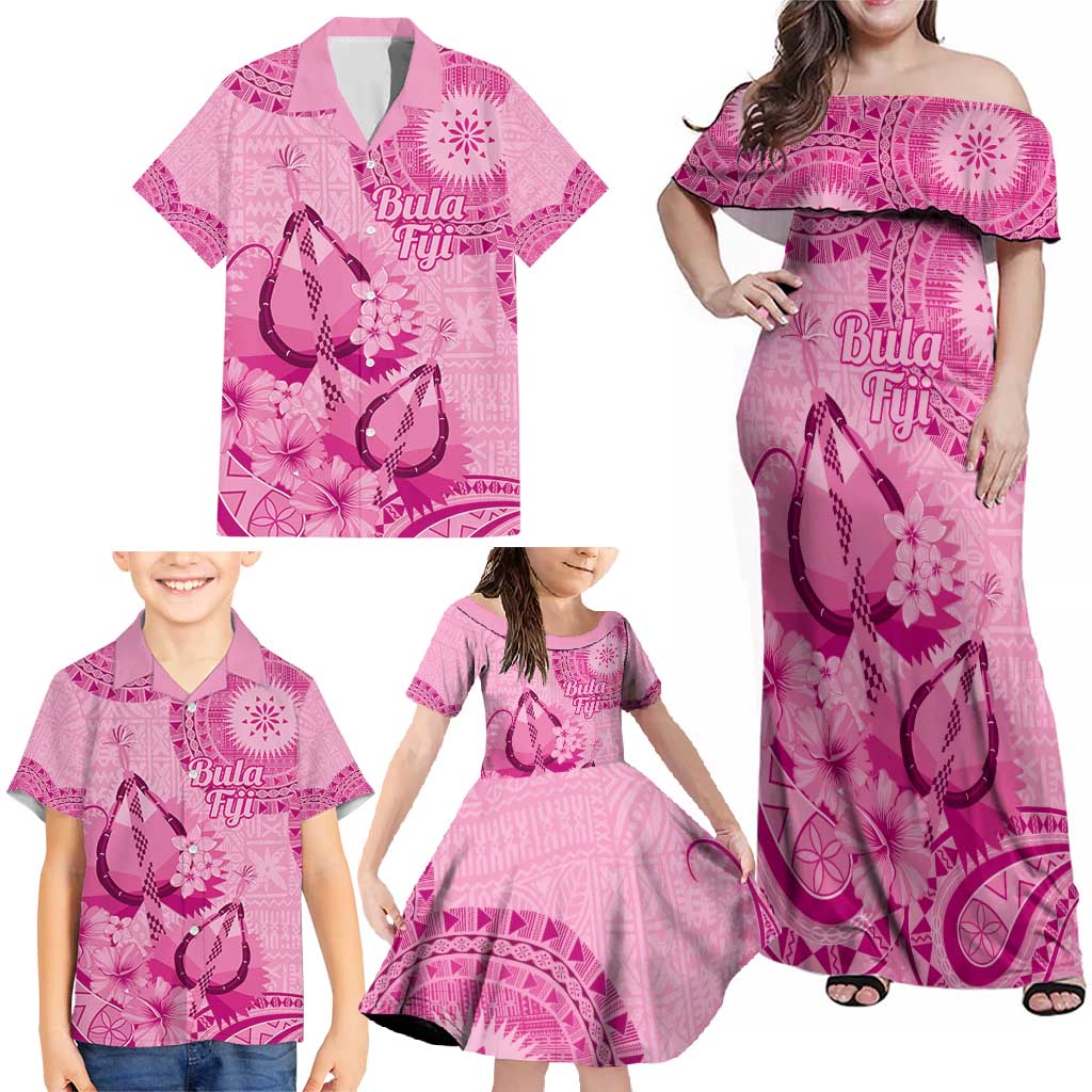 Pink Bula Fiji Family Matching Off Shoulder Maxi Dress and Hawaiian Shirt Fijian Dance Fan Tapa Cloth Pattern LT14 - Polynesian Pride